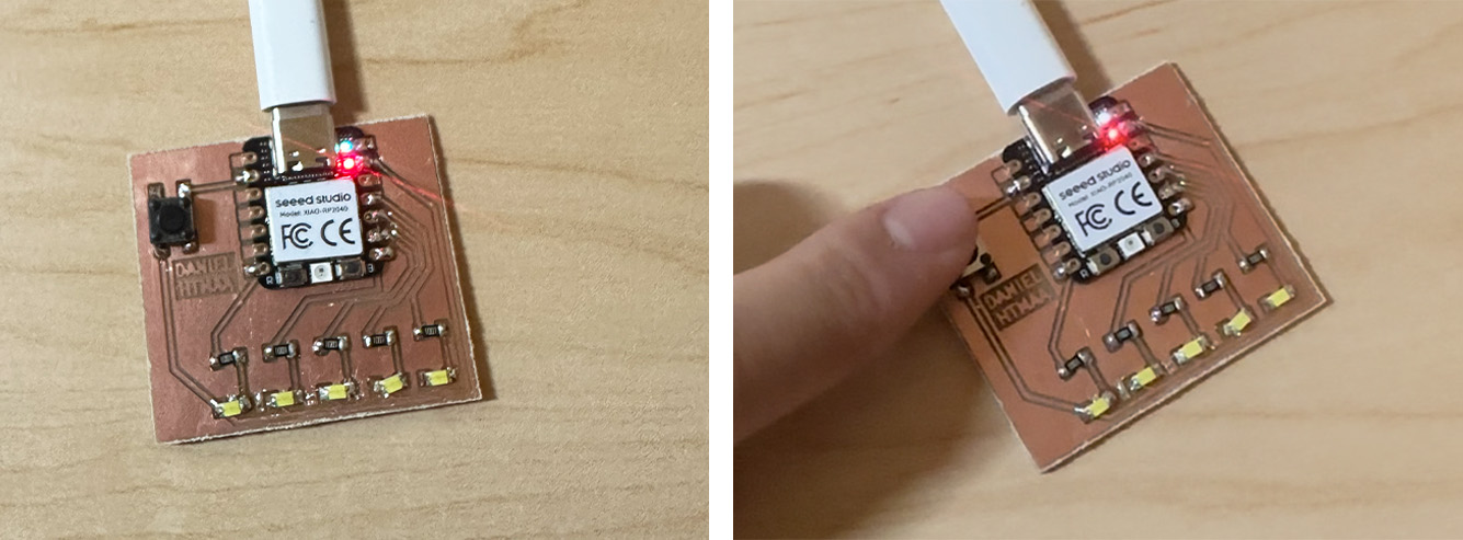Finished LED board with the XIAO RP2040 and five LEDs, tested by pressing the button